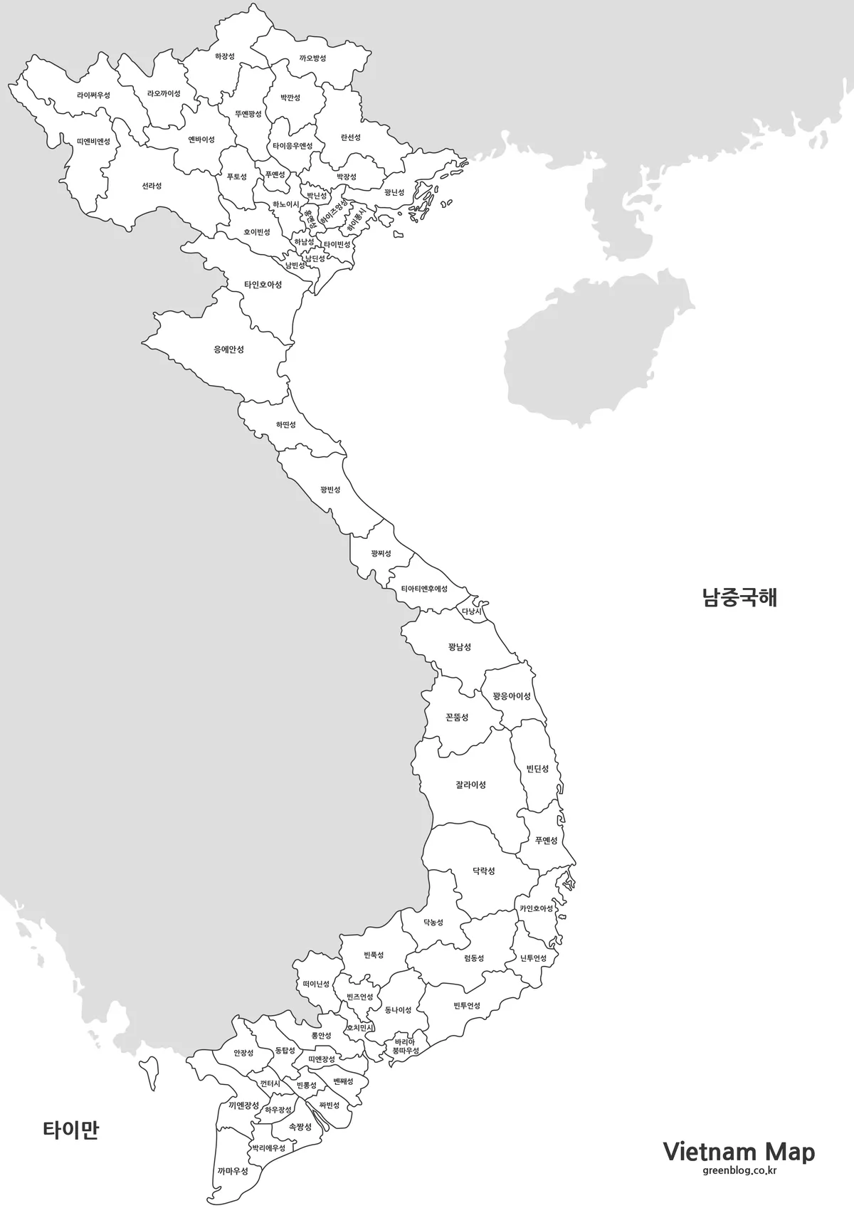 베트남 기본형 지도와 행정구역 경계 이미지
