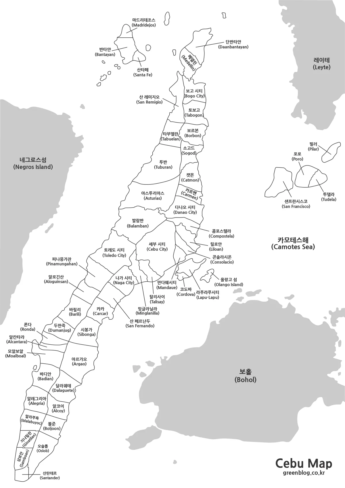 세부 시티와 주변 행정구역 지명을 표시한 출력용 세부 기본 지도