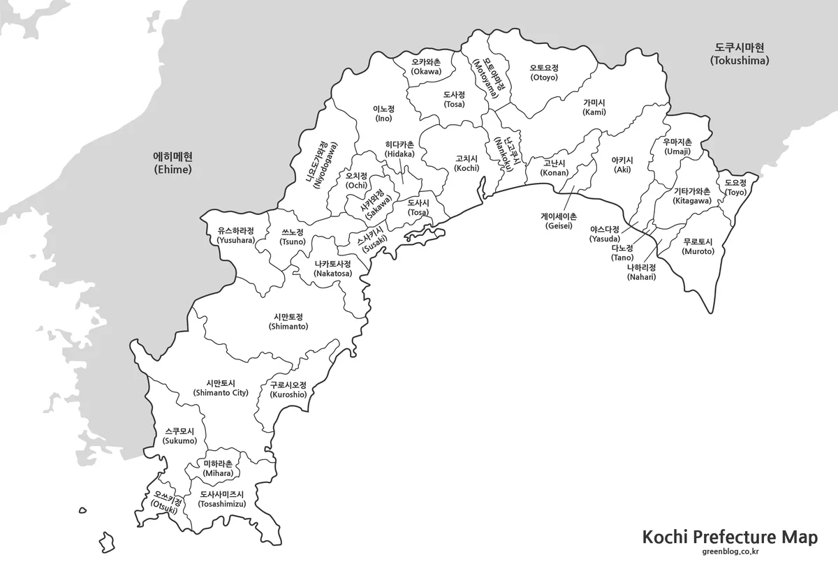 고치현 기본 행정구역 지도