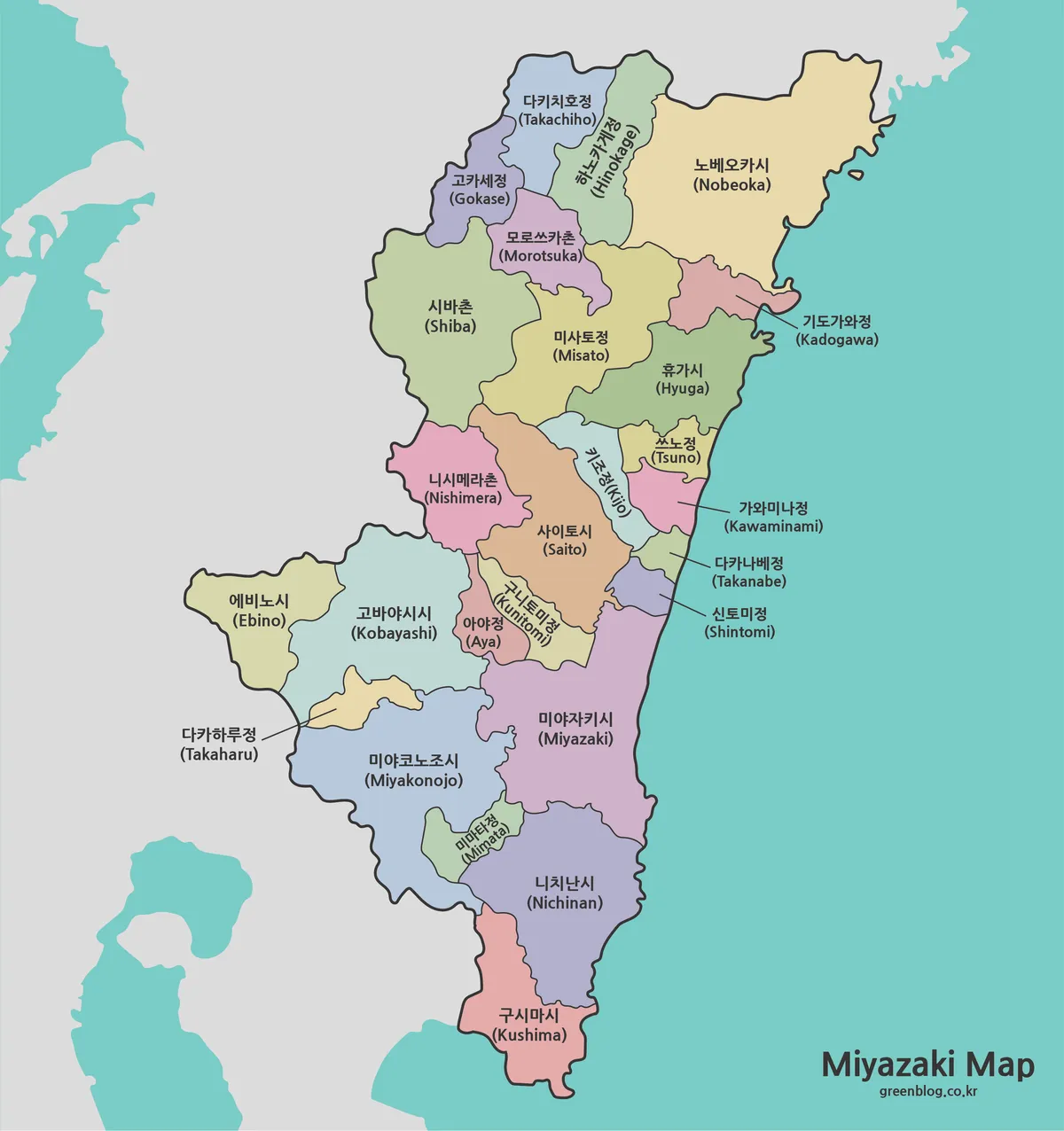 미야자키현 행정구역 색상 지도