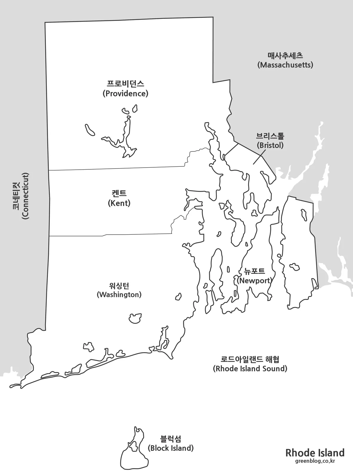 로드아일랜드 기본형 지도와 행정구역 경계 이미지