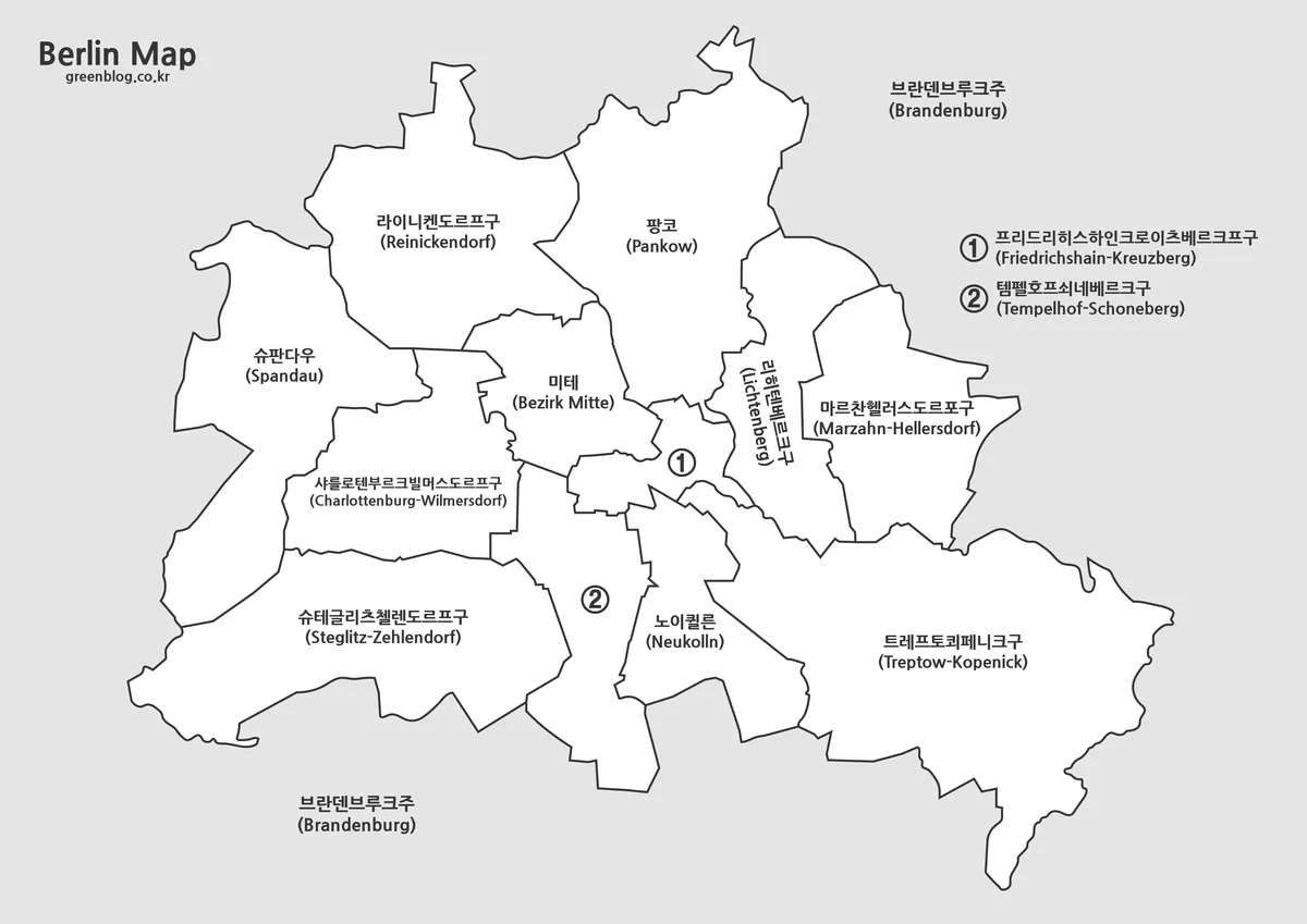 베를린 지도 한글 로마자 자치구 흑백 이미지