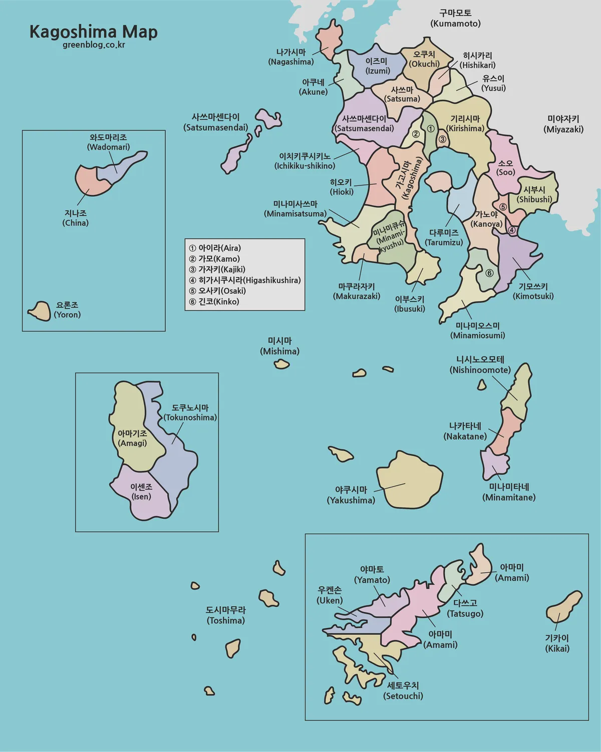 가고시마현 행정구역 색상 지도