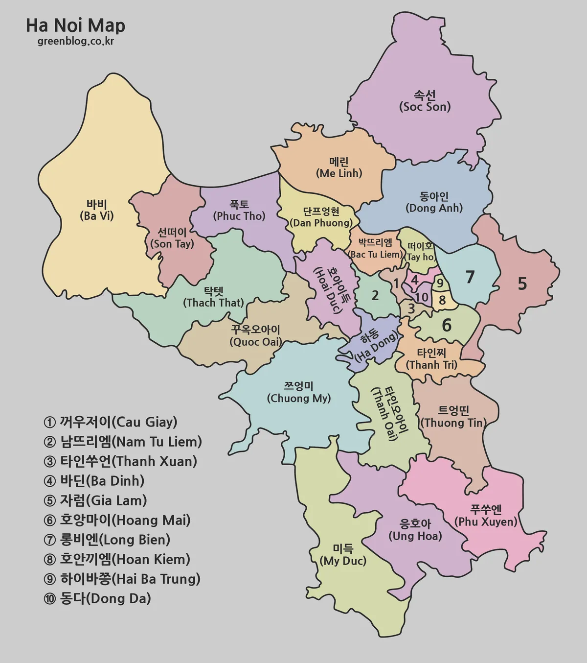 하노이 행정구역 색상 지도