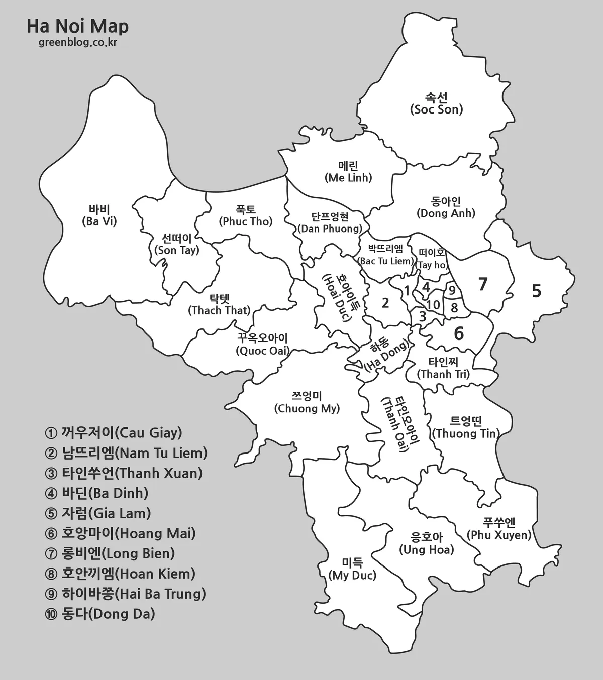 하노이 흑백 행정구역 지도