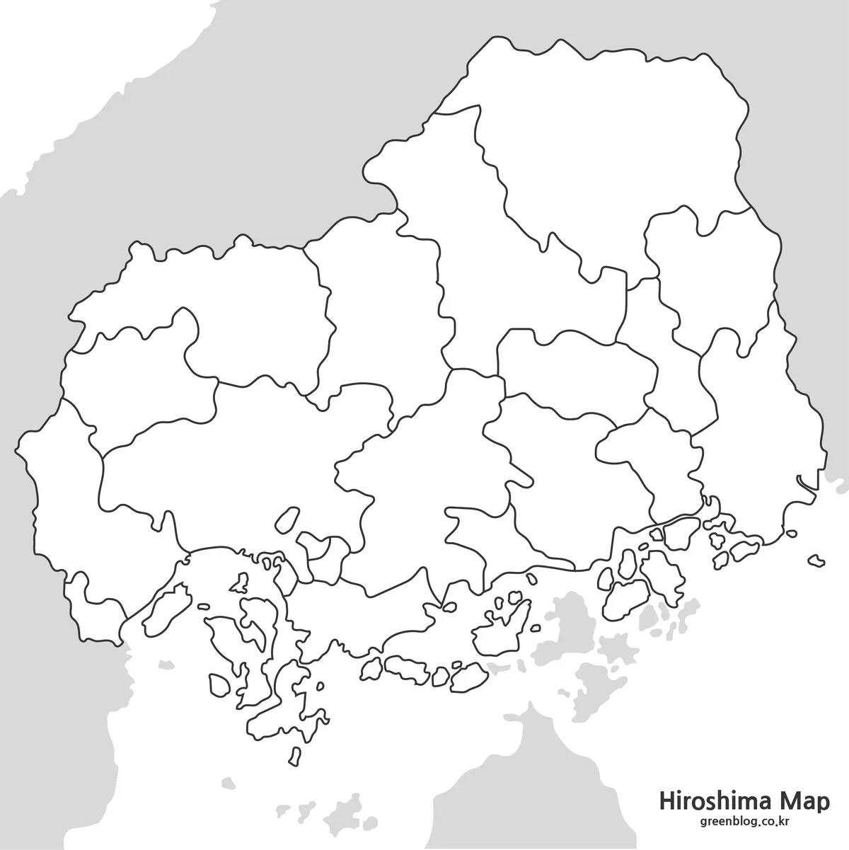 히로시마현 윤곽선 지도와 편집용 경계선 이미지