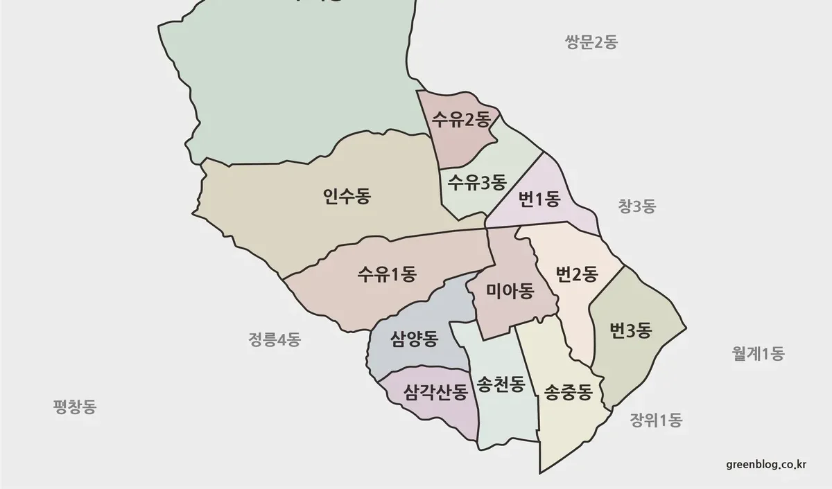 서울 강북구 지도(행정동)｜우이·수유·미아 지역 경계 정리 | GREEN MAP
