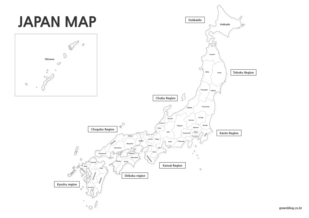 Black and white printable Japan map for study and print use