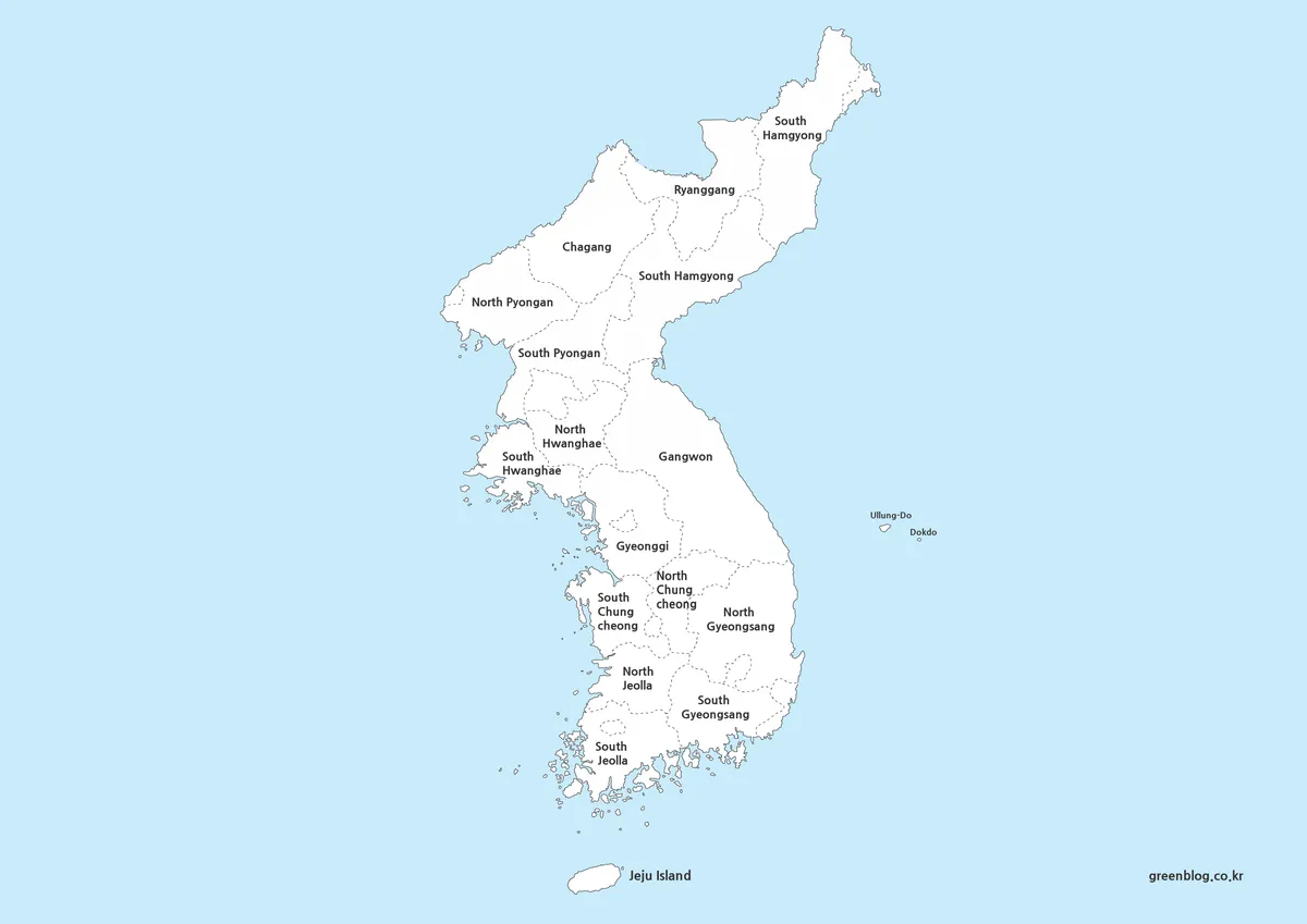 A labeled Korean Peninsula map showing the full peninsula shape with regional names