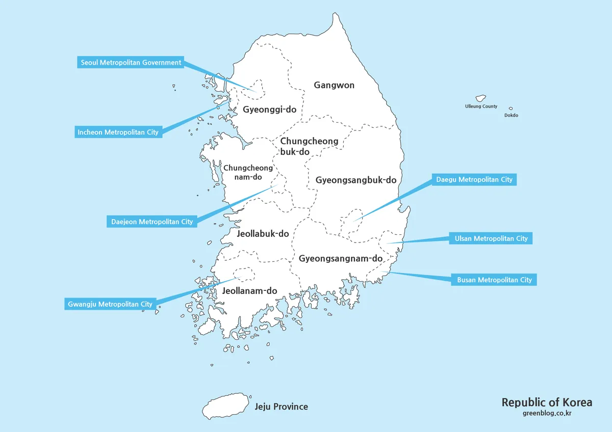 Korea maps download set showing a labeled South Korea map with cities and regional boundaries