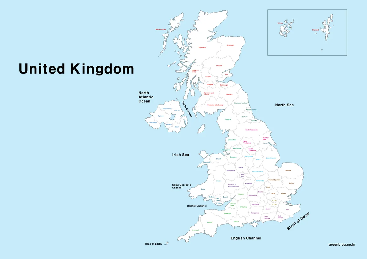 A detailed regional map of the United Kingdom with coastal features