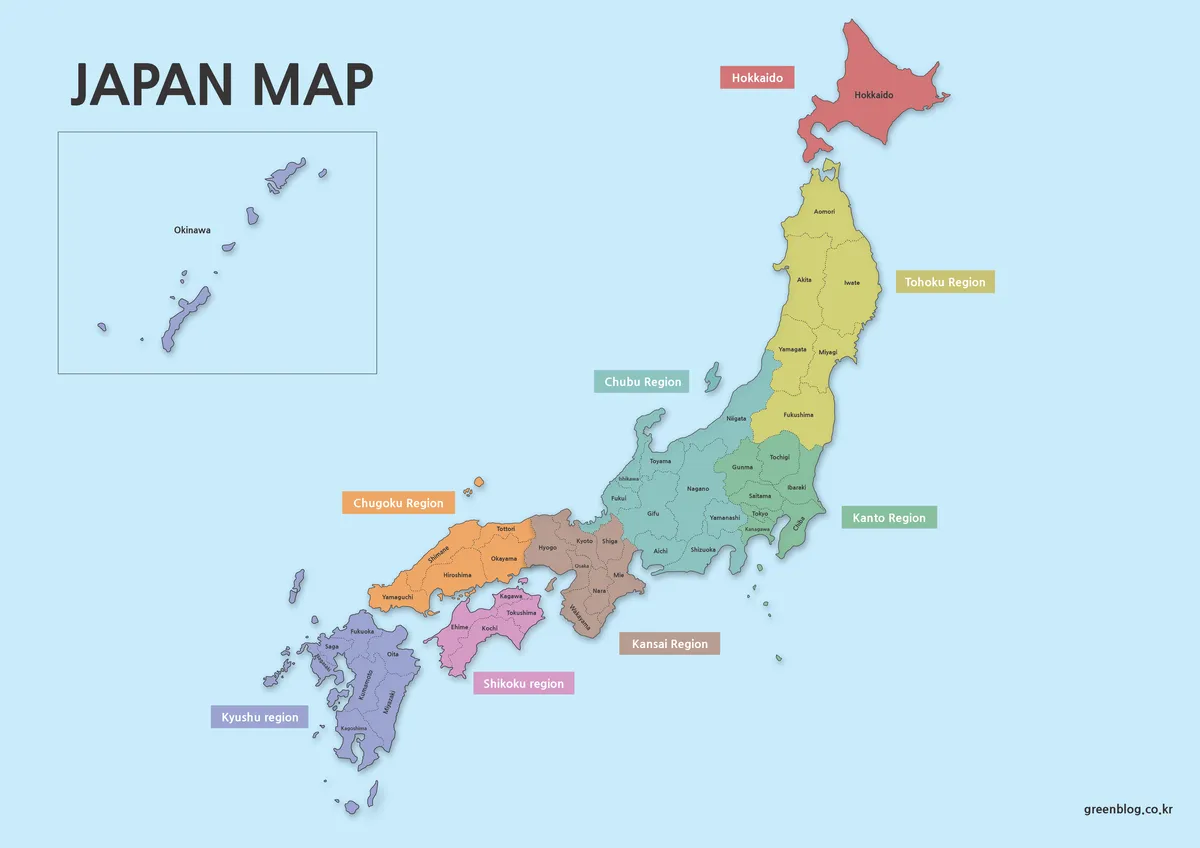 Color-coded Japan map showing regional divisions