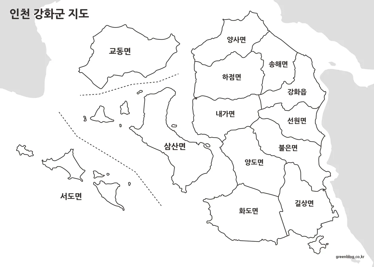 배경 없이 행정 경계만 남긴 강화군 지도 이미지