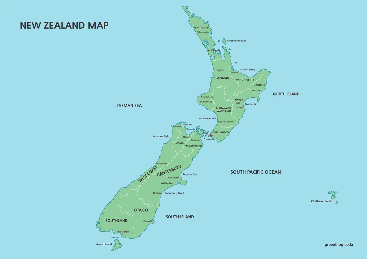 Green-toned New Zealand map with white regional boundaries and selected city markers