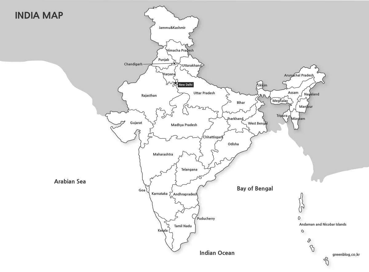 Black-and-white map showing India’s regional boundary lines