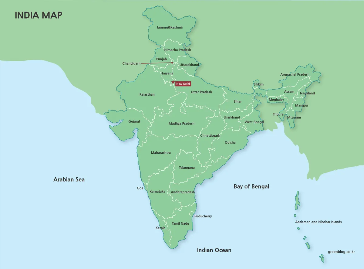 Map of India with regions separated by color and New Delhi marked