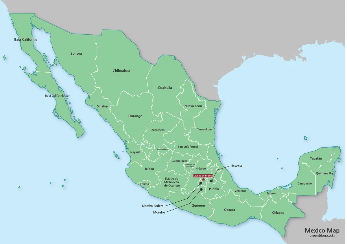 Mexico Map collection with labeled green, monochrome, and blank federal-entity versions