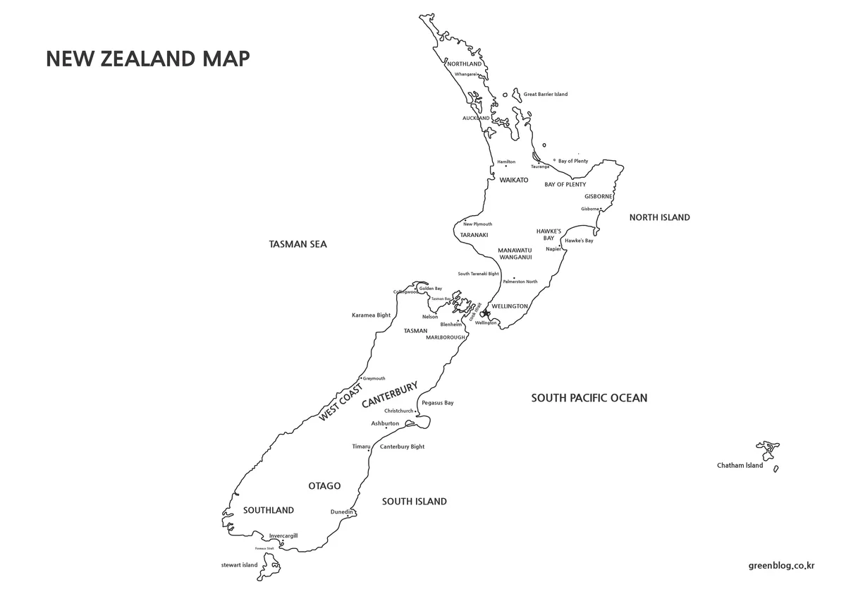 Black-and-white map of New Zealand showing clear regional boundary lines
