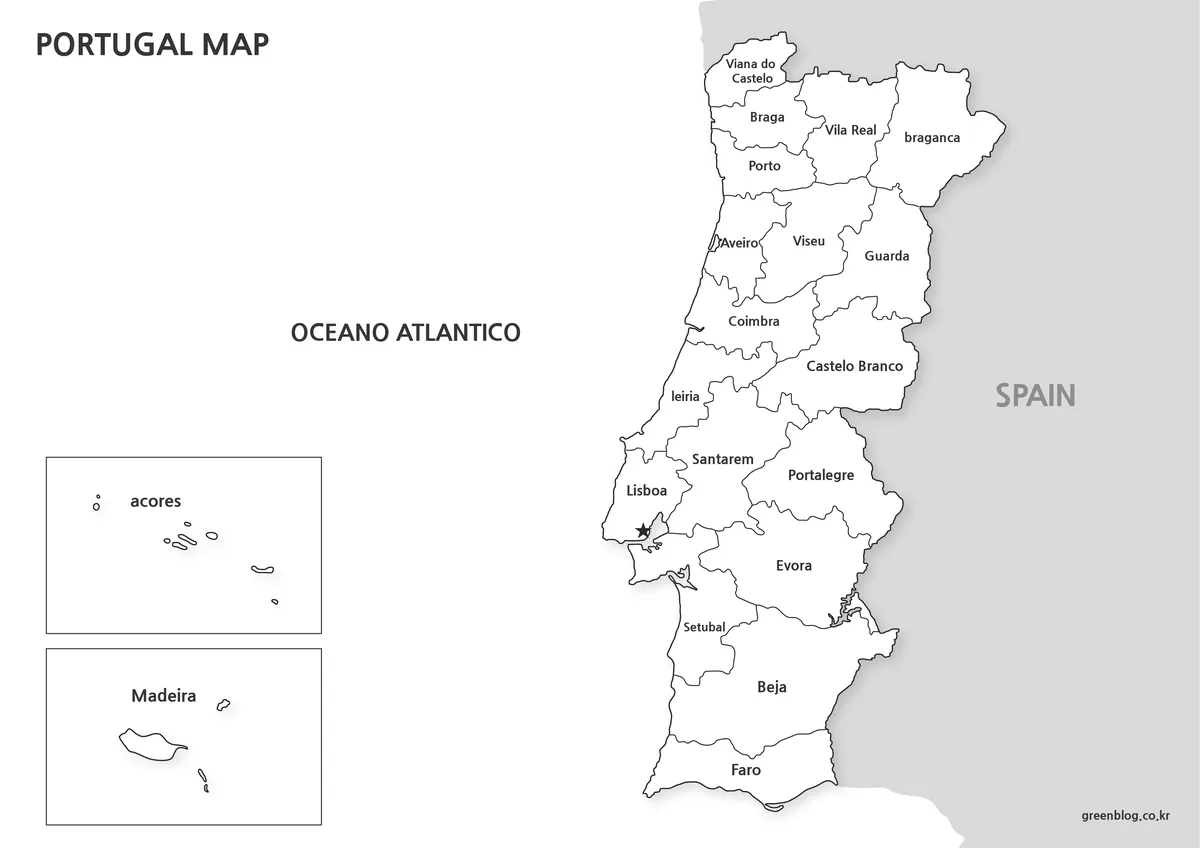 A black-and-white Portugal map displaying regional boundary lines without background color.