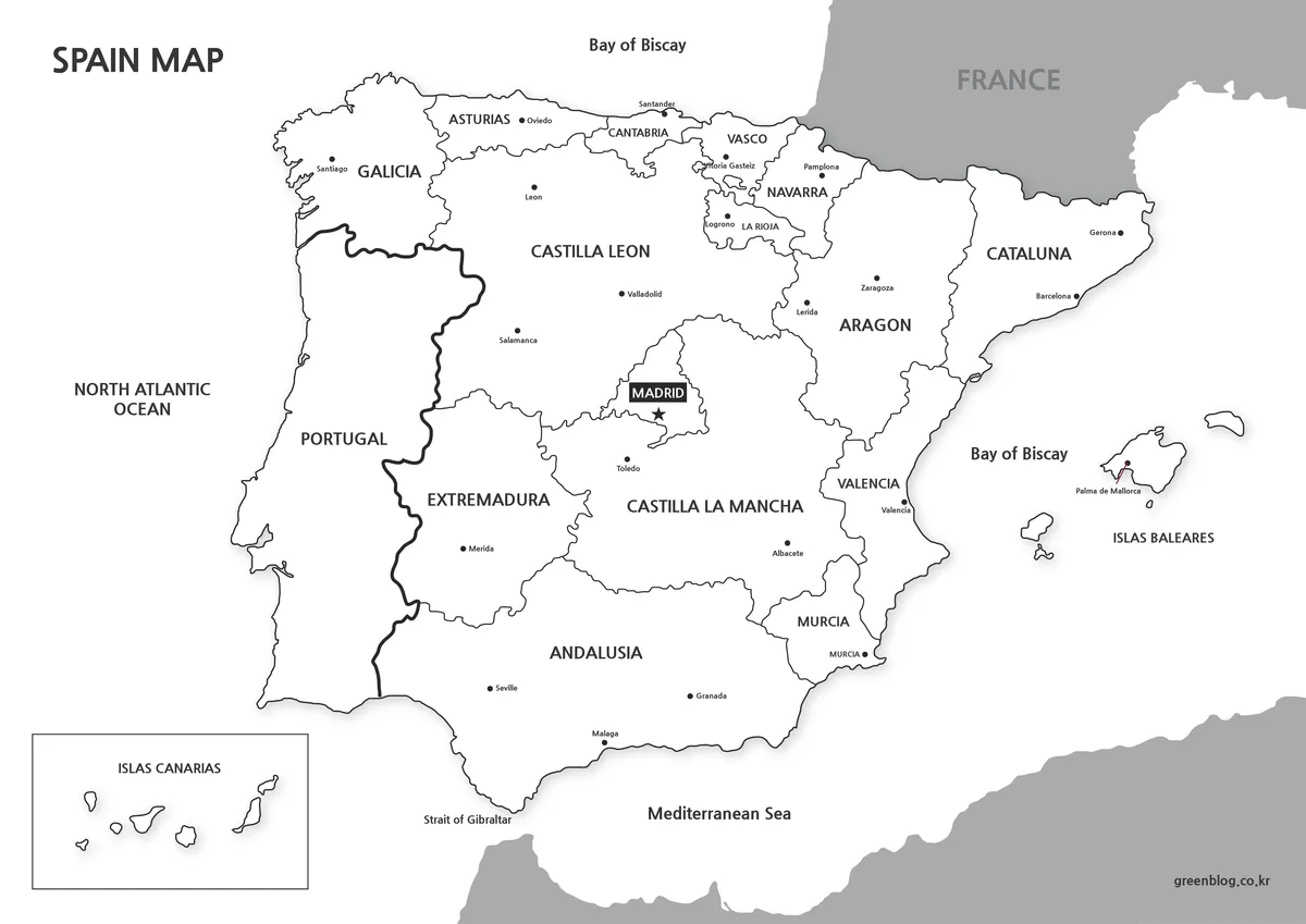 Black and white map of Spain showing internal boundaries