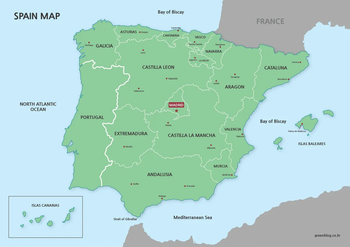 Regional map of Spain with city labels and surrounding countries