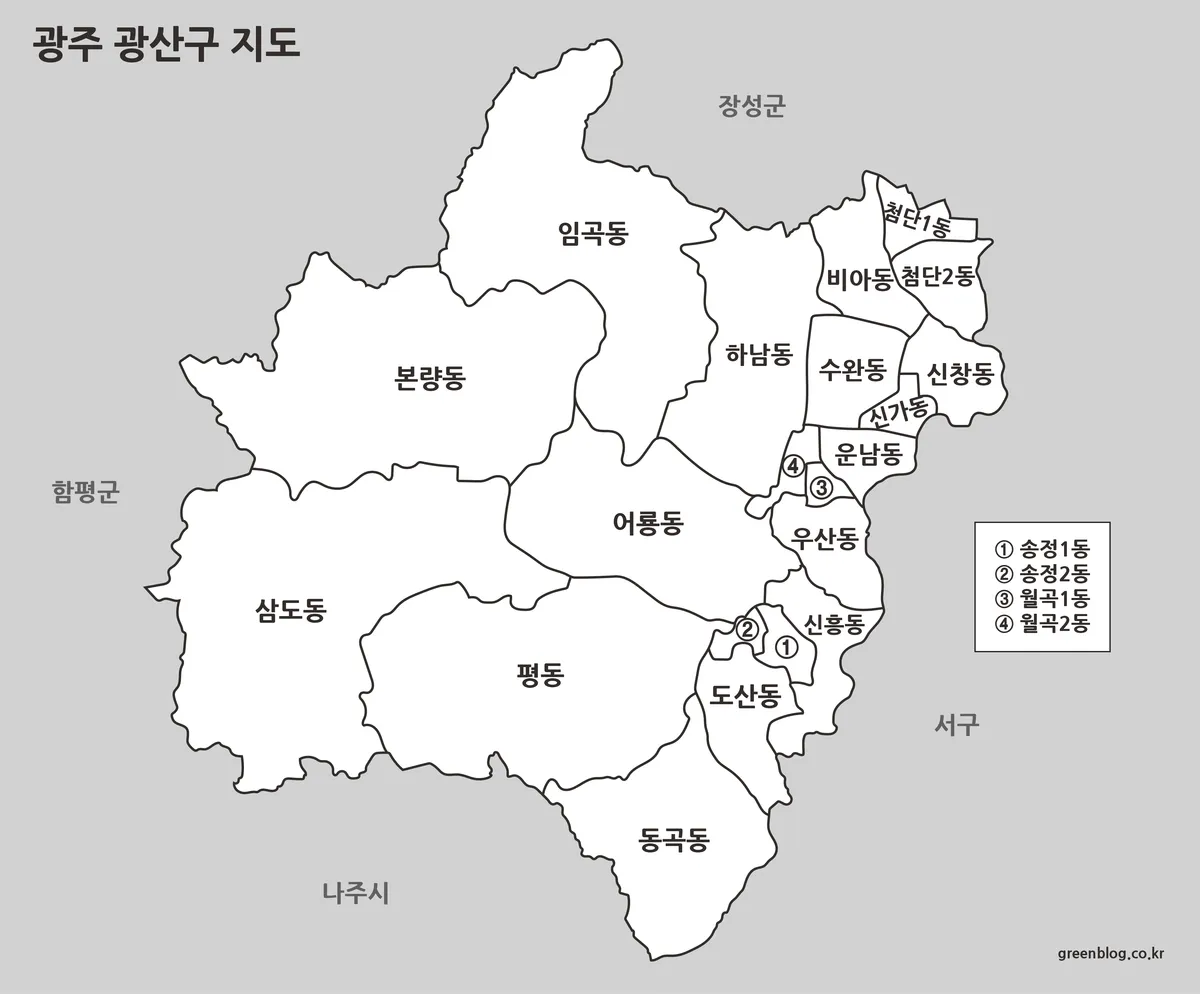 경계선만 표시된 광주 광산구 흑백 지도 이미지