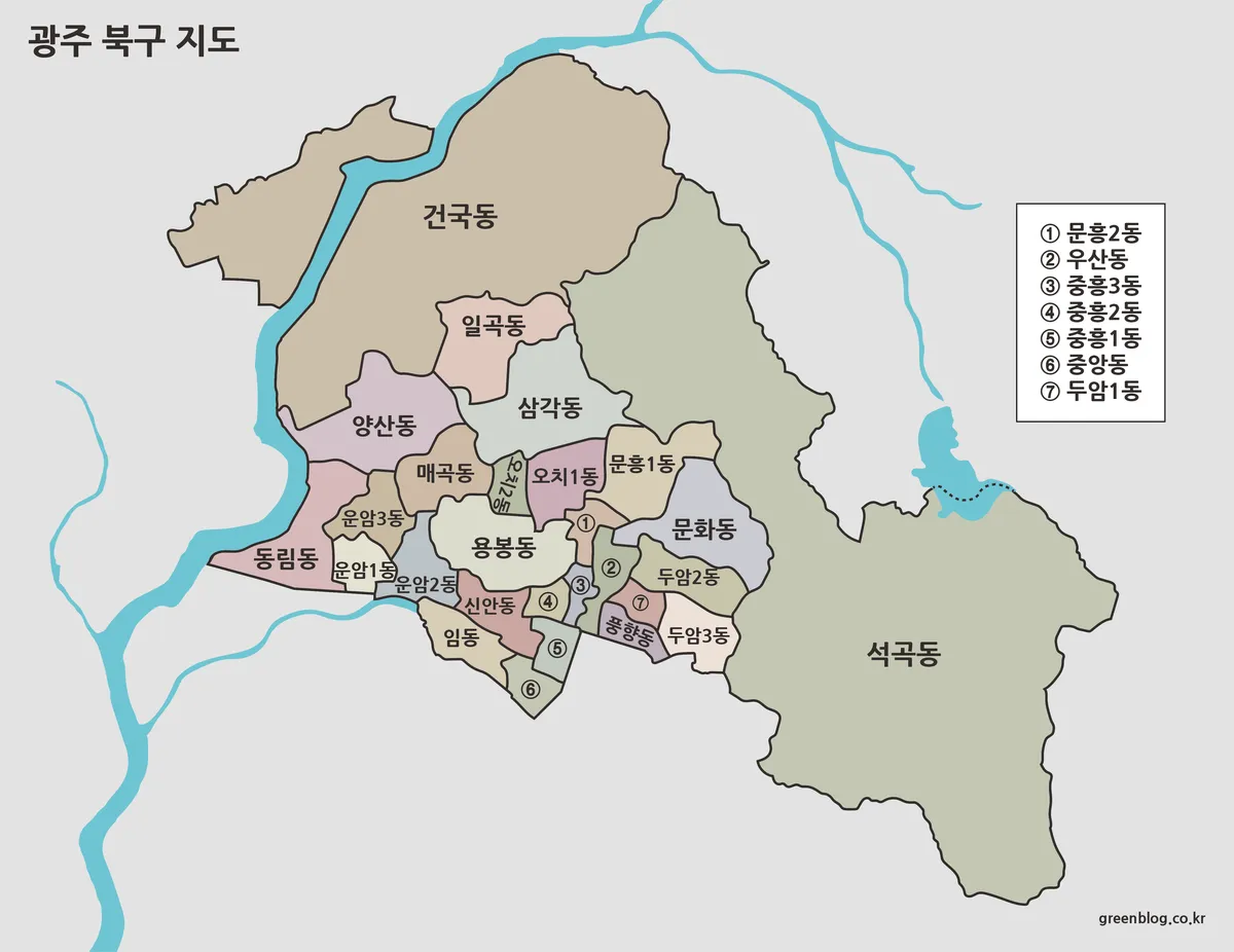 색상으로 행정동이 구분된 광주 북구 지도 이미지