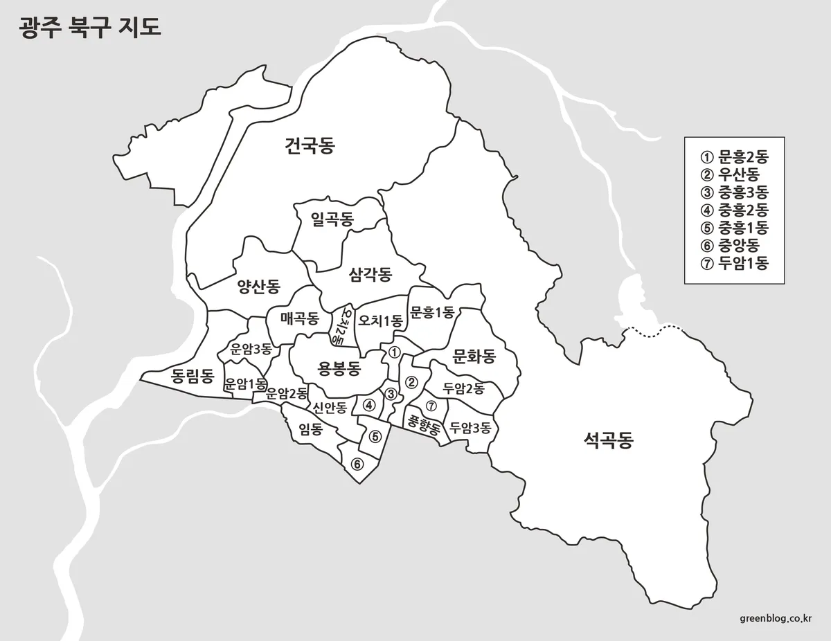 경계선만 표시된 광주 북구 흑백 행정 지도