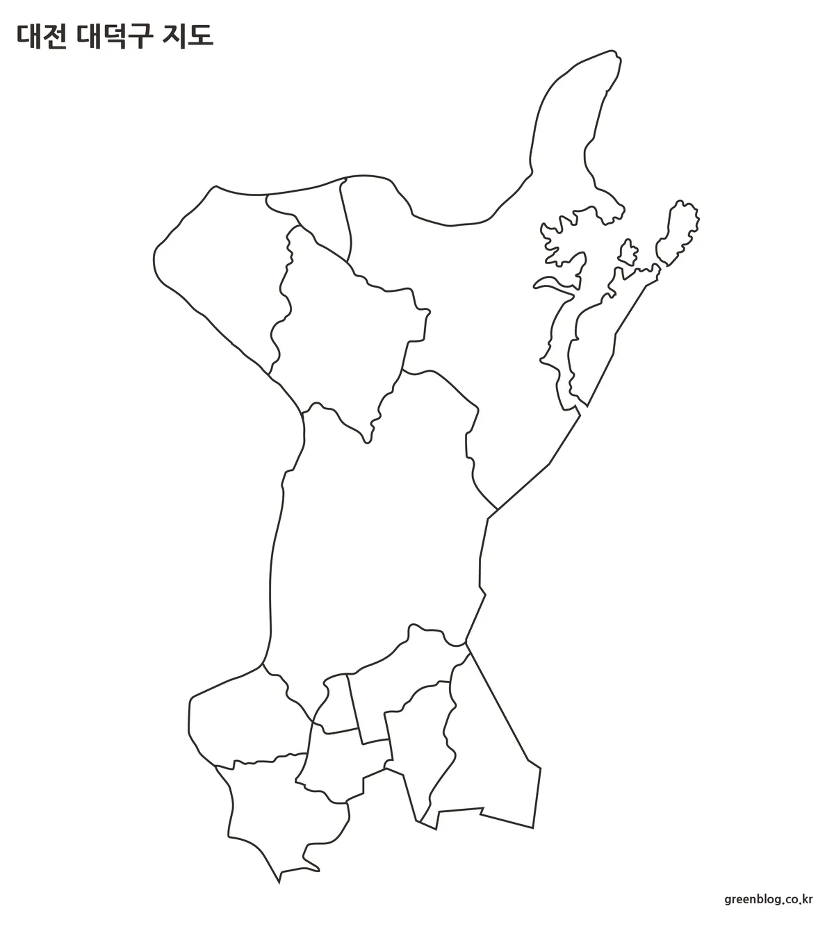 행정 구역 외곽선만 정리된 대전 대덕구 윤곽선 지도