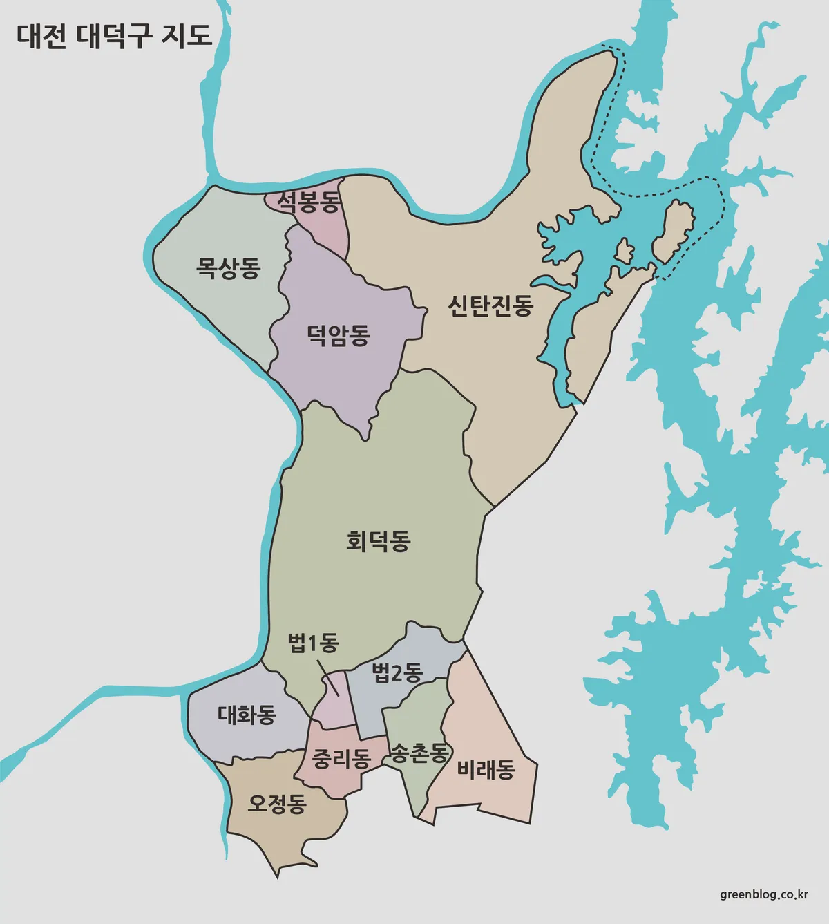 대전 대덕구 행정동을 색상으로 구분한 전체 지도