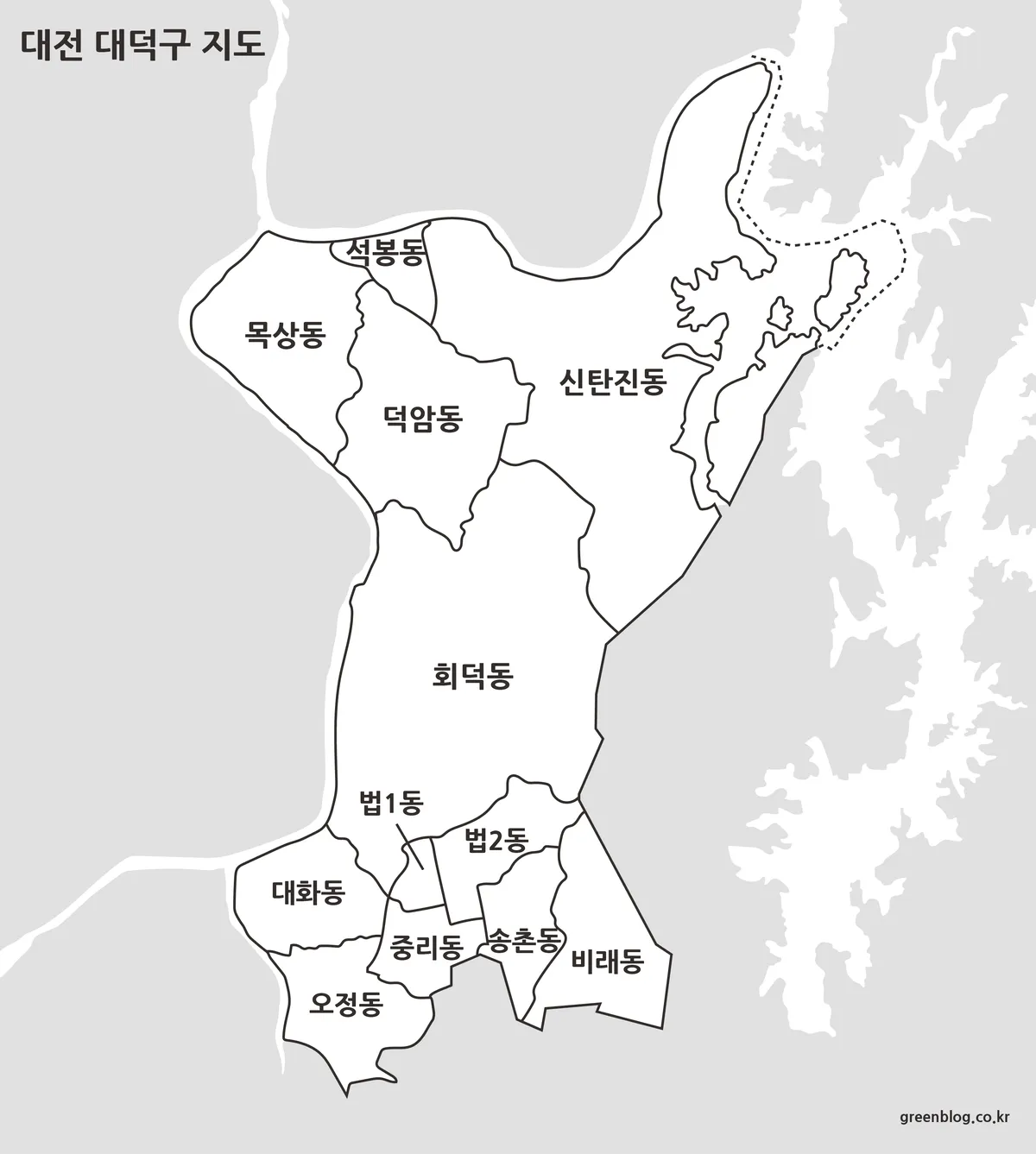 경계선만 표시된 대전 대덕구 흑백 행정동 지도