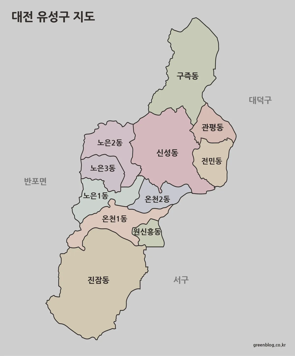 색상으로 구분된 대전 유성구 행정동 지도 이미지