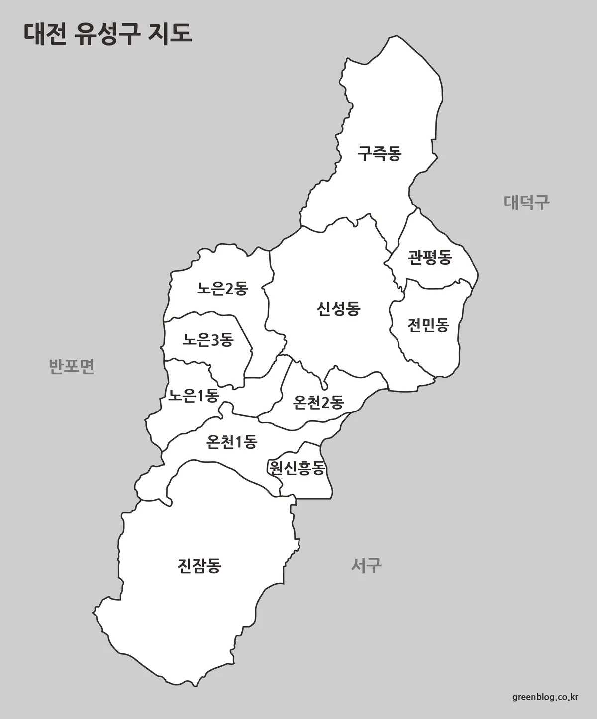 흑백으로 표현된 대전 유성구 행정 구역 지도 이미지