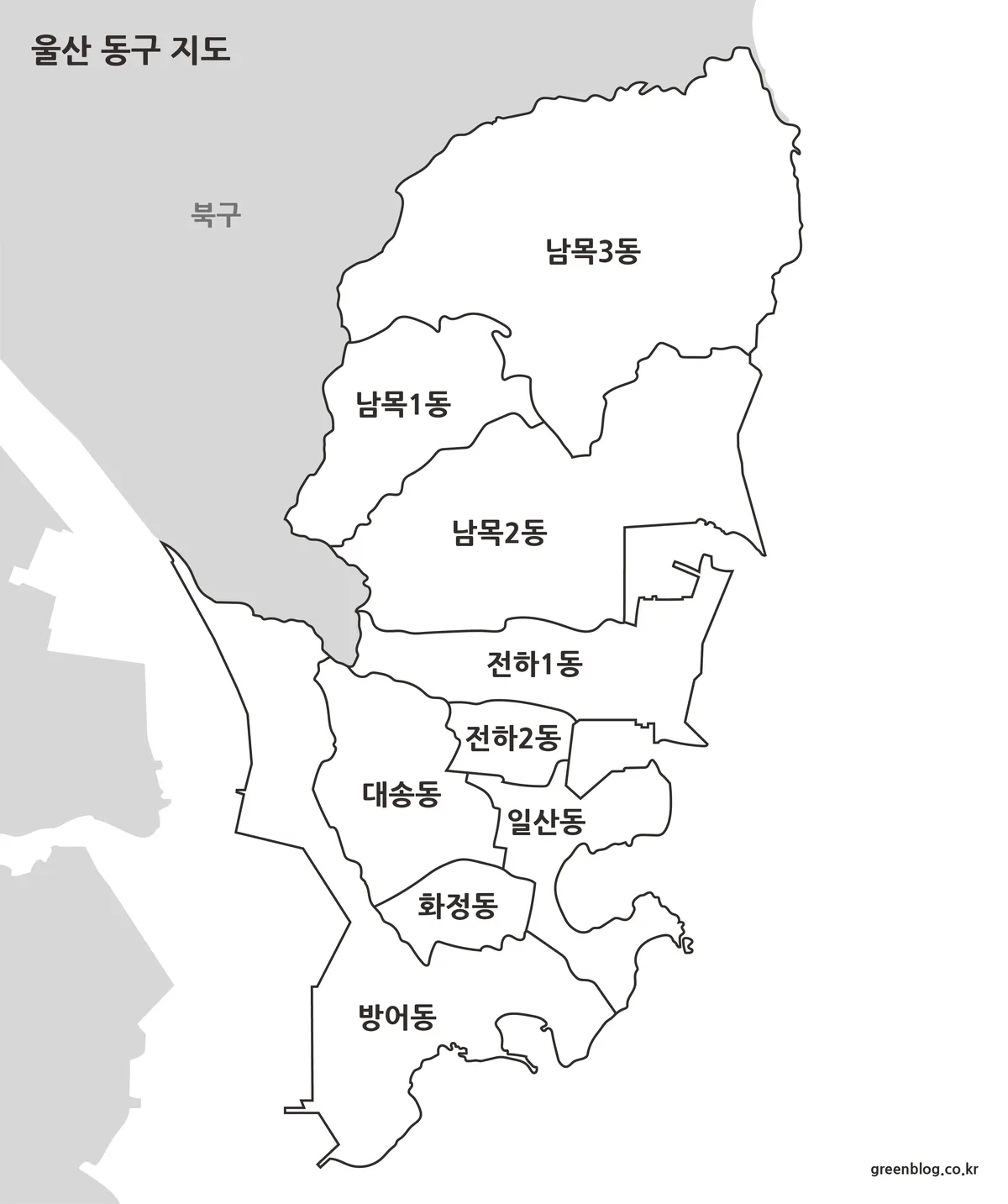 색상 없이 흑백 선으로 구성된 울산 동구 행정 지도