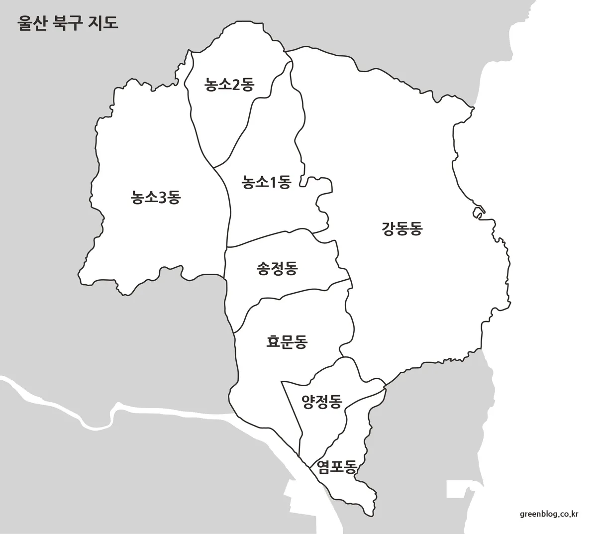 울산 북구 행정동 경계만 표시된 흑백 지도 이미지