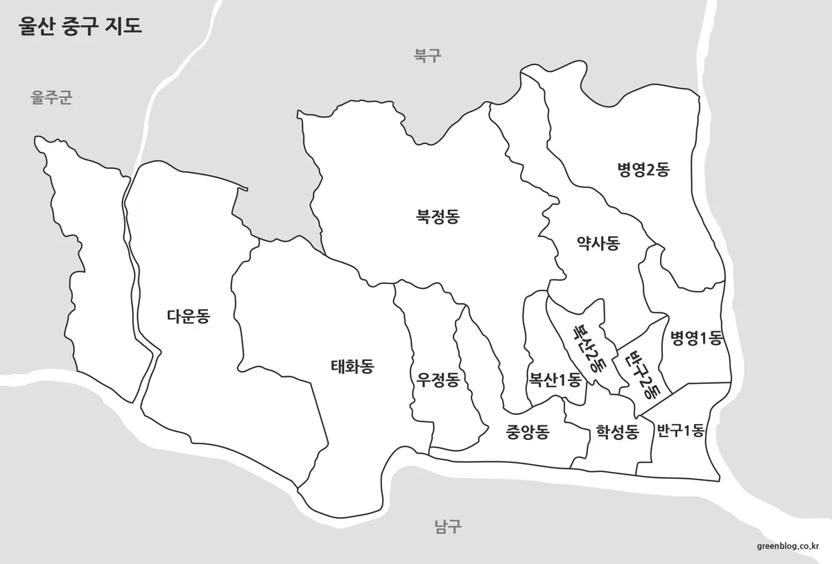 경계선 위주로 구성된 울산 중구 흑백 행정 지도