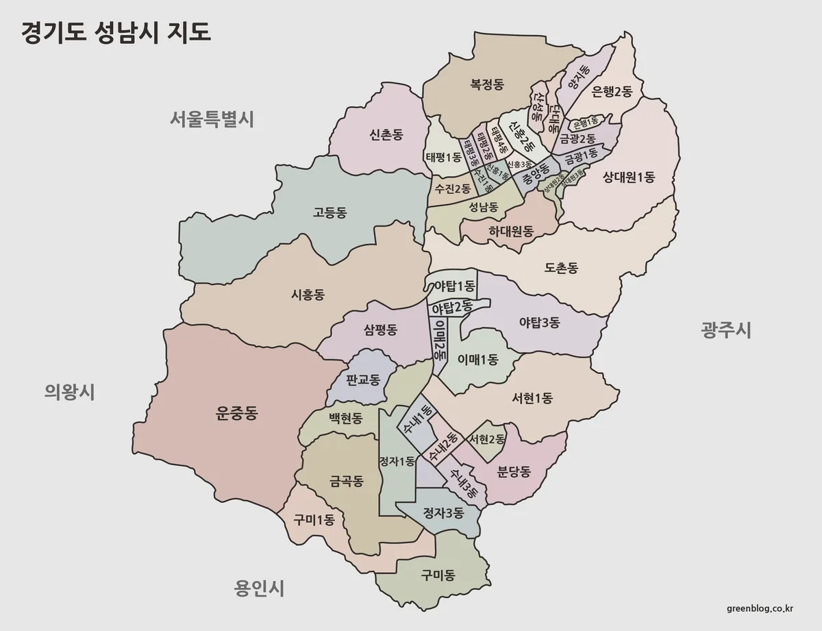 행정동 경계를 서로 다른 색으로 구분한 고해상도 성남시 지도 이미지
