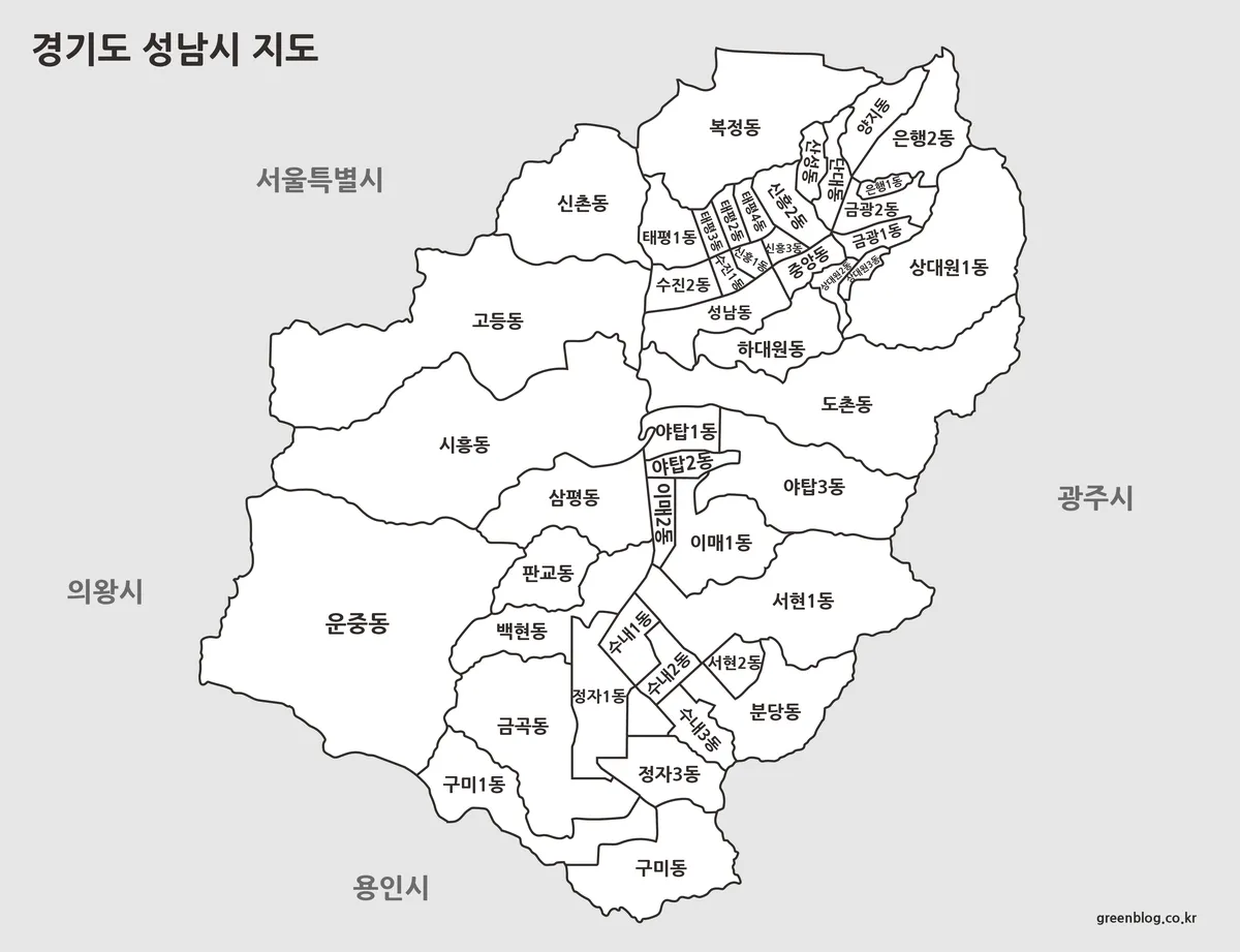 성남시 분당구 행정동 경계를 흑백 선으로 표현한 출력용 지도