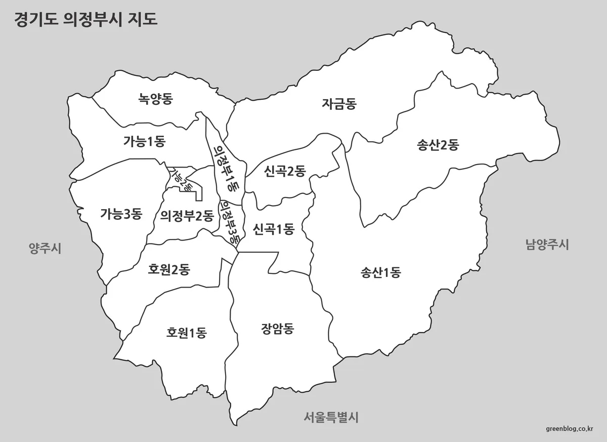 색상을 제거하고 명암 대비로 표현한 흑백 의정부시 지도