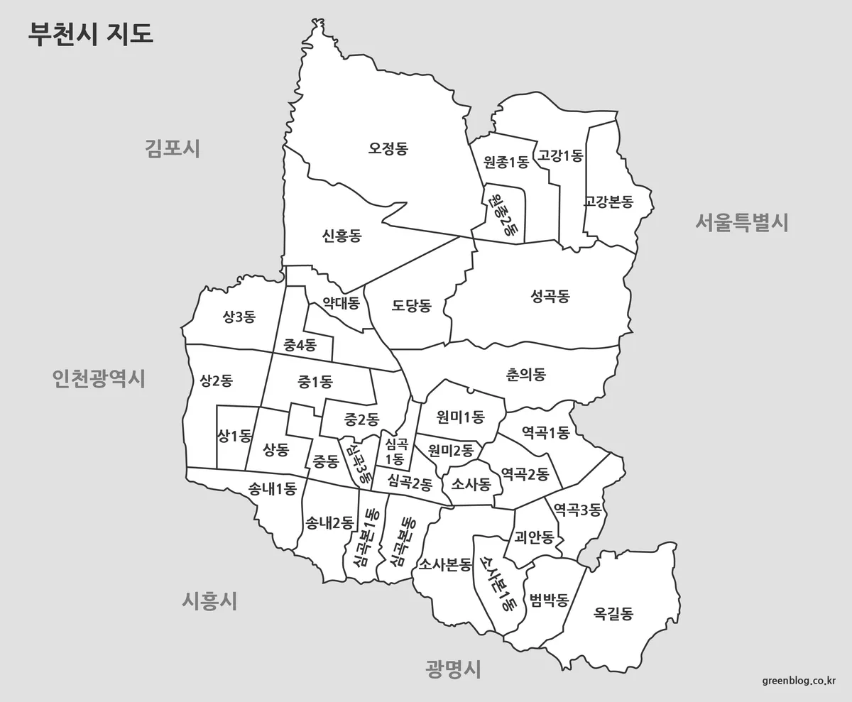 색상을 제거하고 경계와 텍스트 중심으로 구성된 부천시 지도