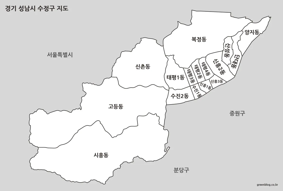 성남시 수정구 행정동 경계만 선으로 표시한 흑백 지도