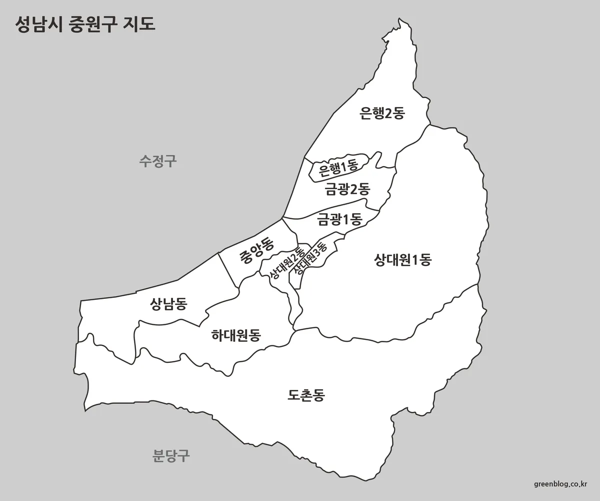 성남시 중원구 행정동 경계를 흑백 선으로 표시한 지도