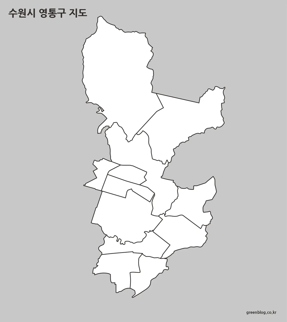 수원시 영통구 외곽선과 행정동 경계만 남긴 윤곽선 지도