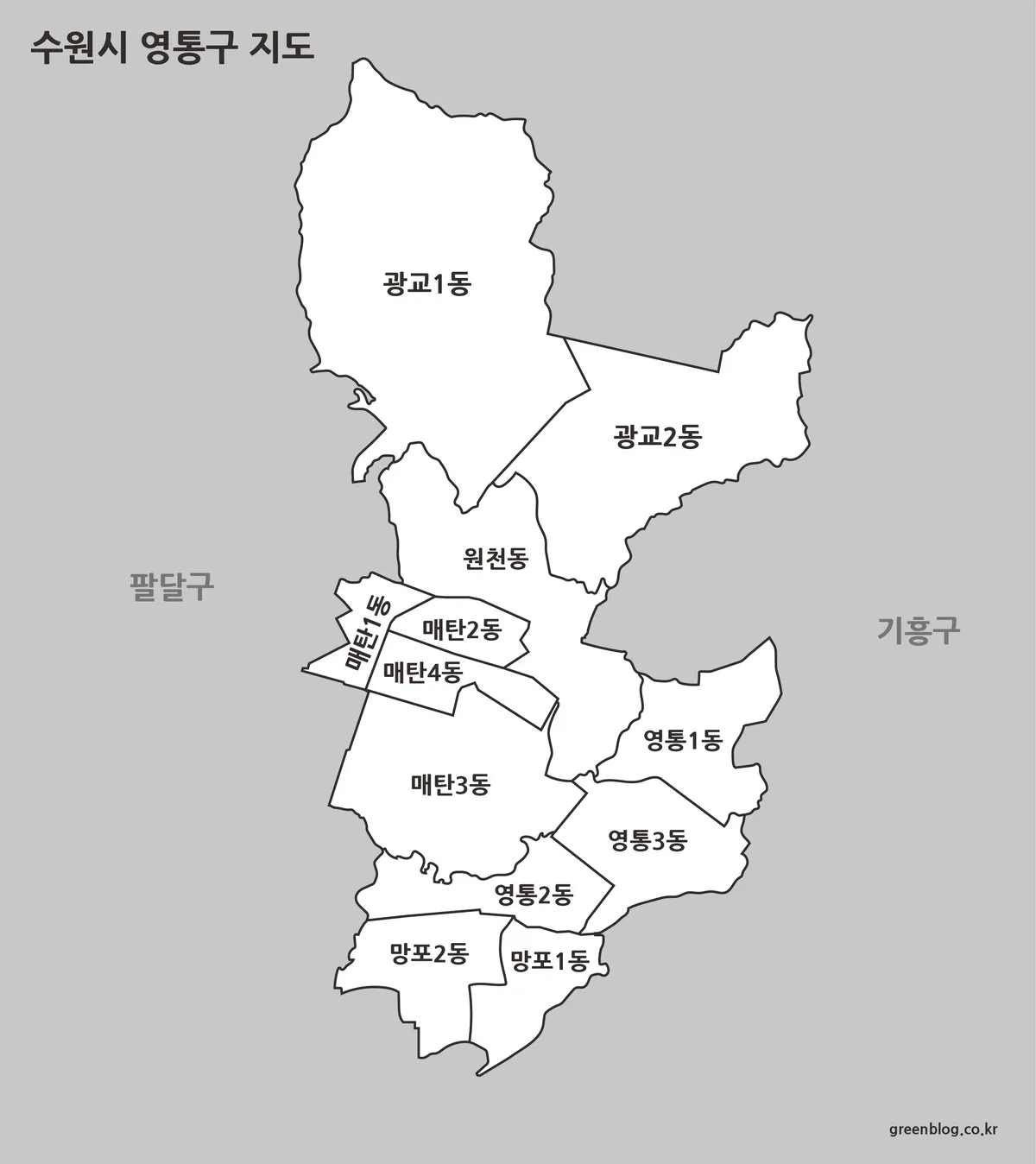 수원시 영통구 행정동 경계를 선으로 표시한 흑백 지도