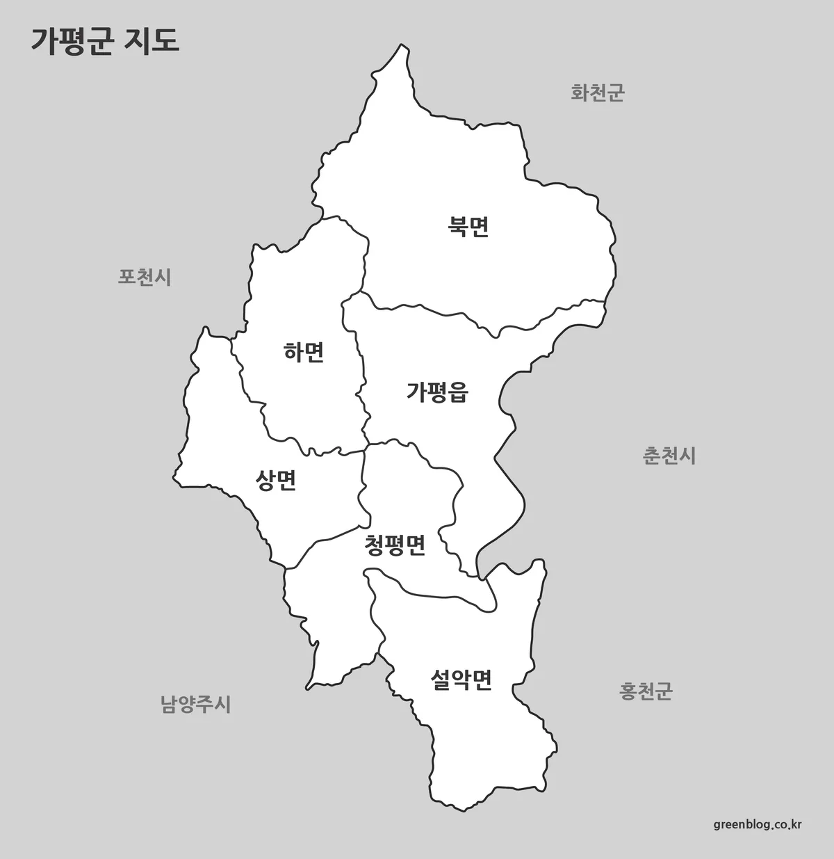 색상을 제거하고 경계만 강조한 가평군 지도