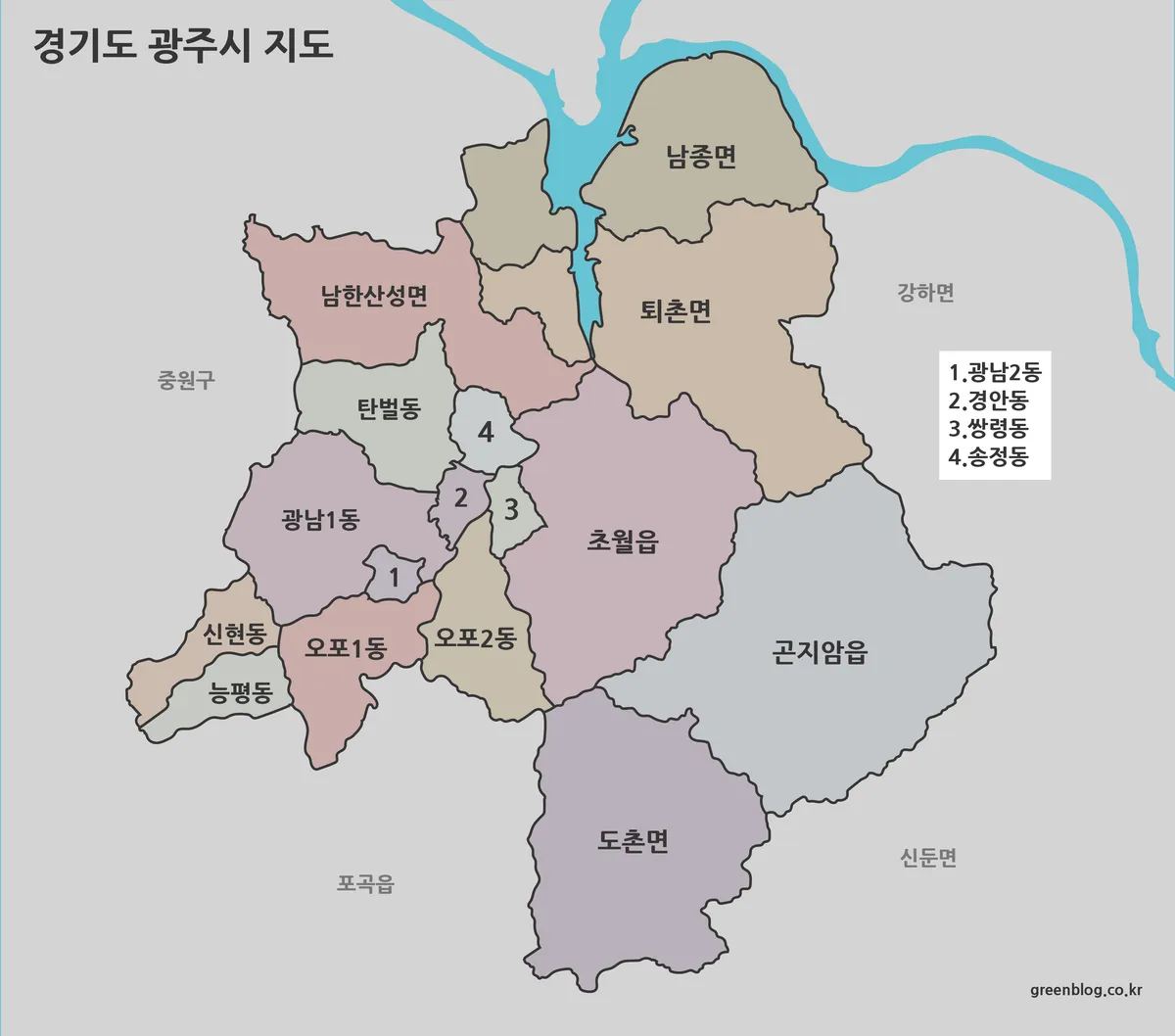 경기도 광주시 행정구역을 색상으로 구분한 지도 이미지