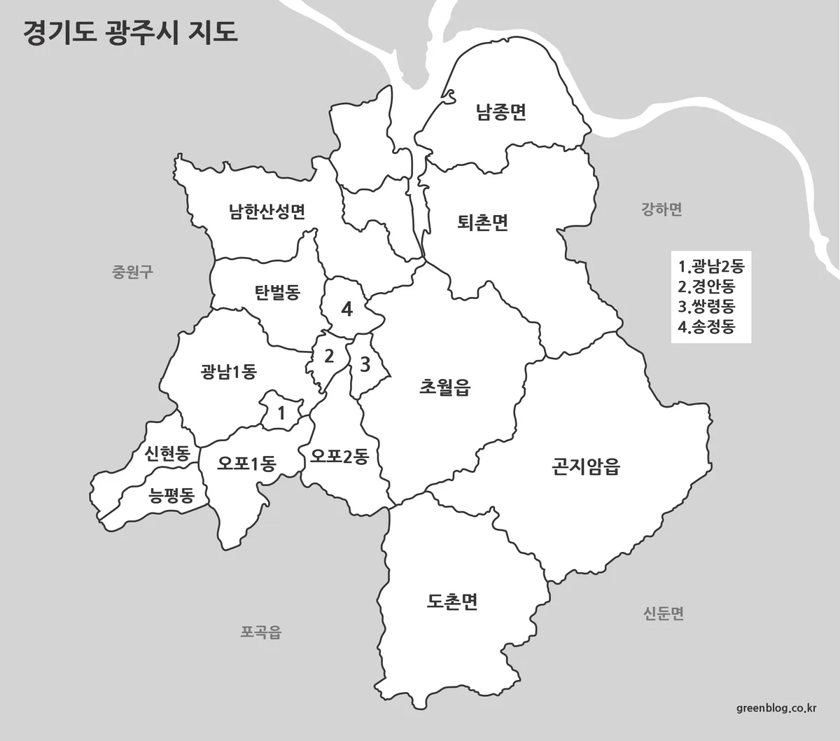 경기도 광주시 행정구역이 흑백으로 표현된 지도