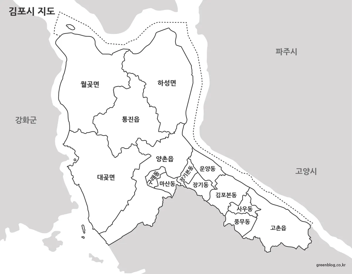 김포시 행정구역이 흑백으로 표현된 지도