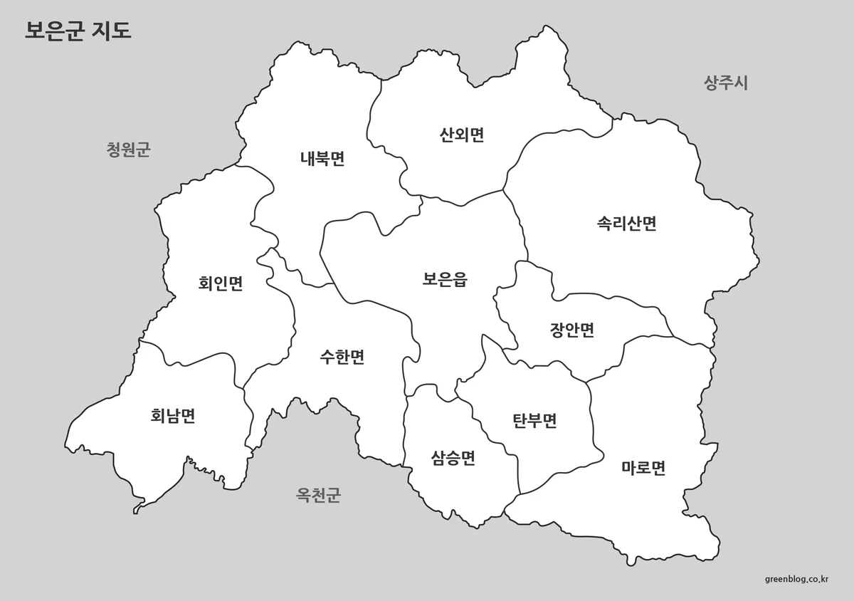 보은군 흑백 지도 이미지로 인쇄 및 표시용