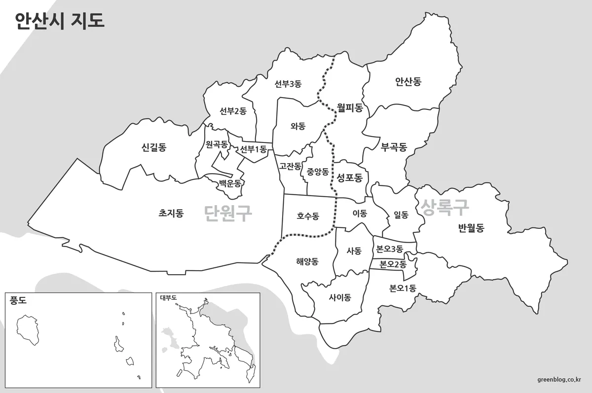 안산시 흑백 지도 인쇄용 지도 이미지